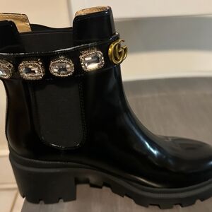 Gucci Heeled Black Patent Booties With Stones .